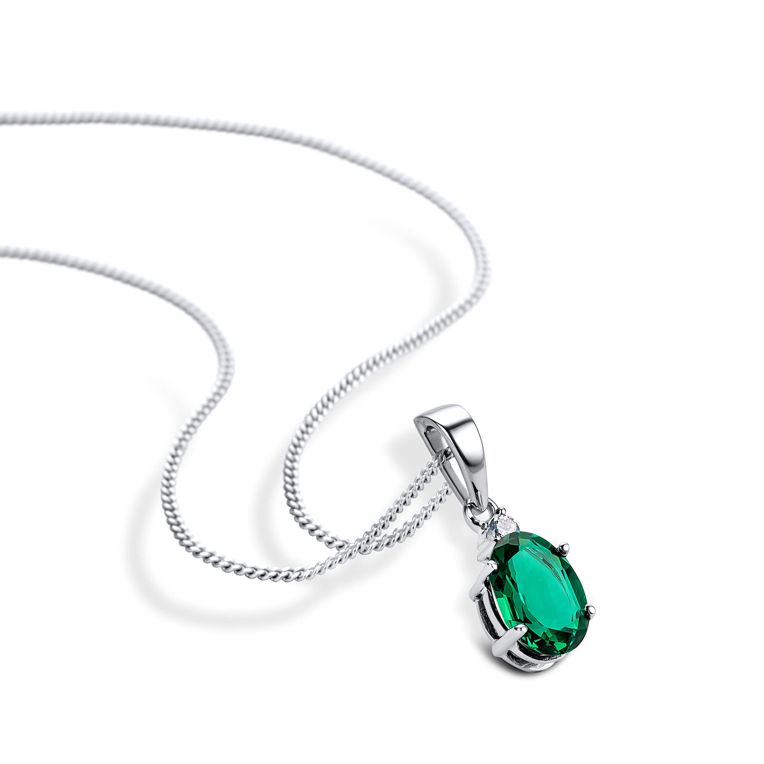 Orovi 14K 585 White Gold Oval Stud Pendant Necklace for Women with Dainty 925 Sterling Silver Chain - Created Emerald May Birthstone Pendant - Handcrafted Gift- Gold Necklace Gift for Women