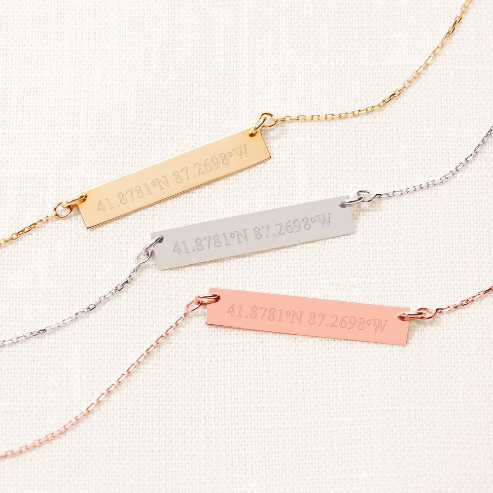 EVE'S ADDICTION Custom Engraved Gold Tone Coordinate Necklace - Personalized Longitude Latitude Necklace for Her - Couples Necklace - Wedding Necklace - Name Bar Necklace - Gifts for Mom