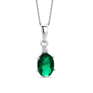 orovi 14k 585 white gold oval stud pendant necklace for women with dainty 925 sterling silver chain - created emerald may birthstone pendant - handcrafted gift- gold necklace gift for women