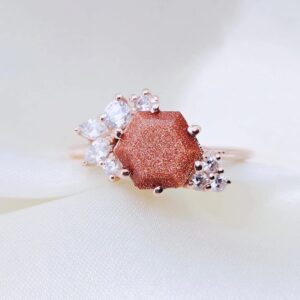 Hexagon Cut Unique Sandstone Ring Hexagon Cut Cluster Promise Ring Rose Gold Plated Ring Goldstone Ring Beautiful Wedding Gift Ring BY FOREVER GEMS & JEWELS