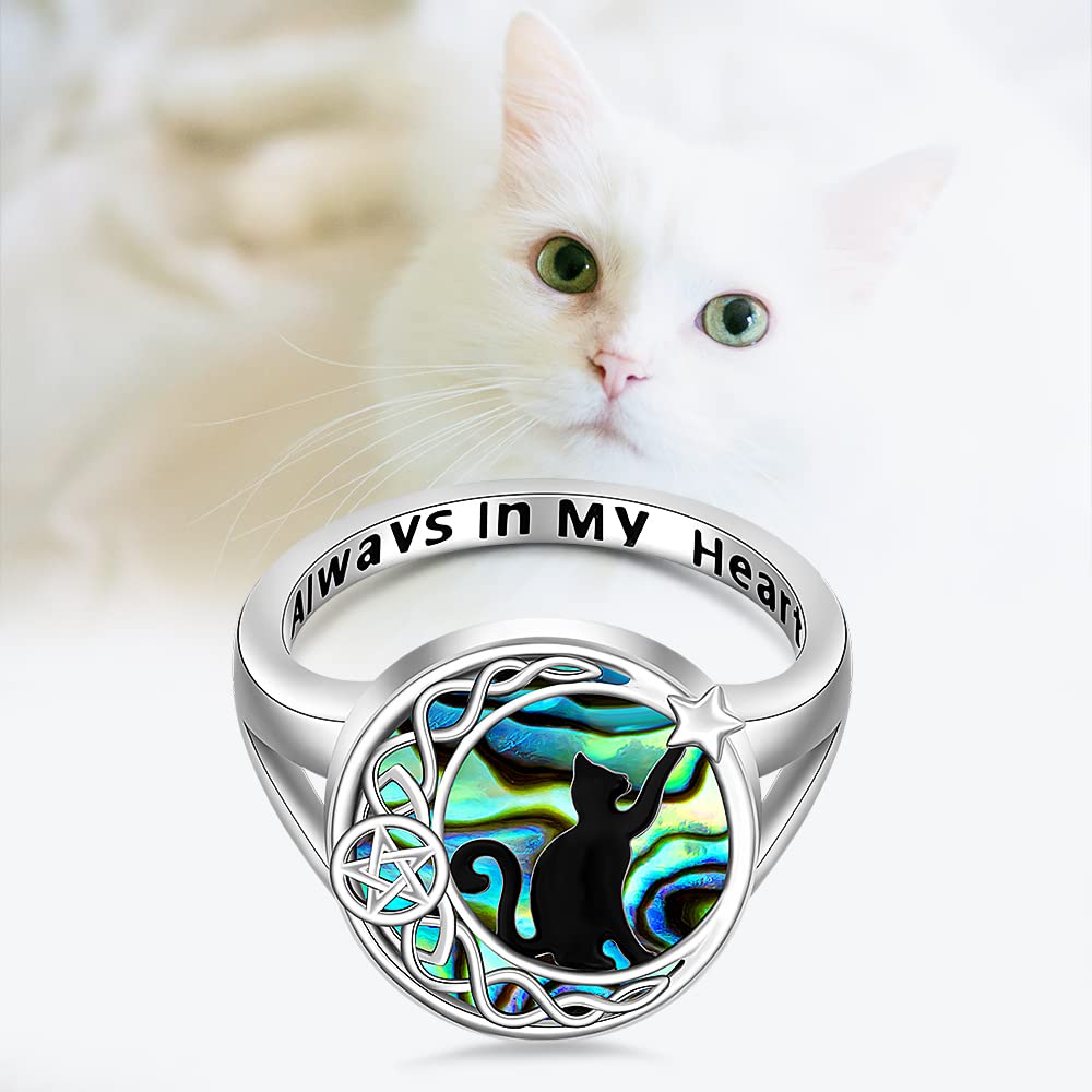 Cat Engagement Ring Sterling Silver Black Cat on Celtic Knot Moon Matching Thumb Couple Rings for Women Abalone Cute Animal Jewelry Halloween Christmas Gifts Size 9