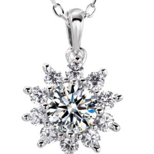 HMJ Diamond Sunflower Necklace for Women,1Carat Moissanite Snowflake Pendant Chain,Lab Diamond Jewelry S925 Sterling Sliver Halo Necklace Gift for Mom Mother Sister