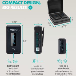 Movo WMX-2 Wireless Camera Microphone with Charging Case - Lavalier Mic for DSLR Cameras, Vlogging, Content Creation, Filmmaking