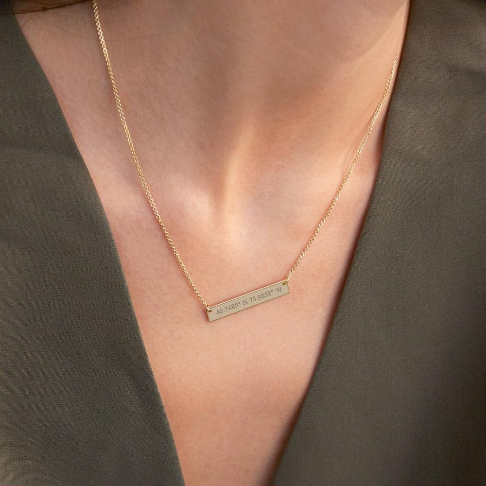 EVE'S ADDICTION Custom Engraved Gold Tone Coordinate Necklace - Personalized Longitude Latitude Necklace for Her - Couples Necklace - Wedding Necklace - Name Bar Necklace - Gifts for Mom