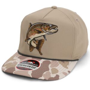 Paramount Outdoors Brown Trout Hat 5-Panel Throwback Fly Fishing Trucker hat with Quick Dry Fabric and Stretch Comfort Snapback