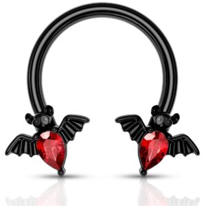 Melighting Septum Rings 16G Black Bat Septum Jewelry Halloween Daith Earrings Clear Red CZ Surgical Steel 316L Tragus Piercing Jewelry Helix Earrings for Women Men