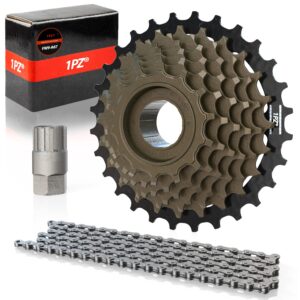 1PZ FW9-A67 Bike Freewheel Set 7-Speed Tourney/TY MF-TZ500 Screw On Multiple Freewheel, 14-28 Tooth with Freewheel Removal Repair Lockring Tool and 7 Speed Bike Chain