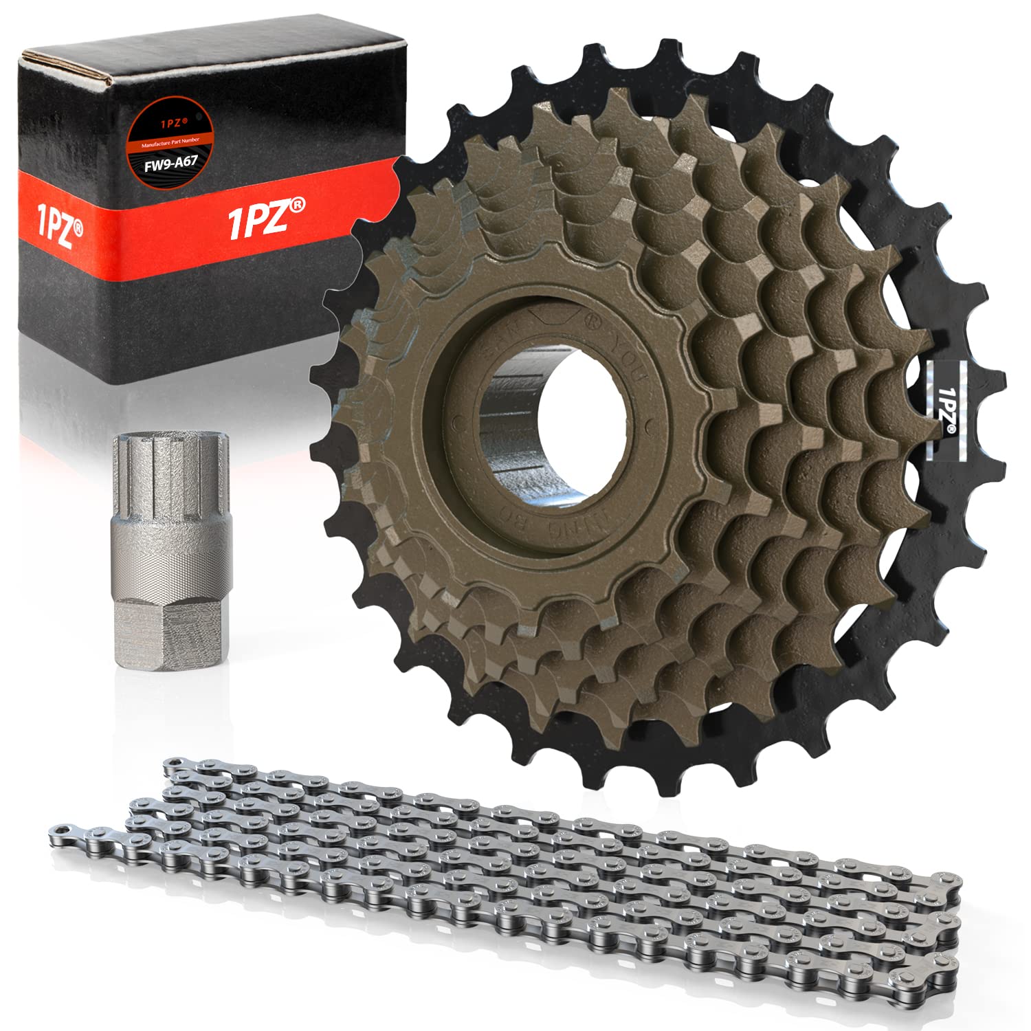 1PZ FW9-A67 Bike Freewheel Set 7-Speed Tourney/TY MF-TZ500 Screw On Multiple Freewheel, 14-28 Tooth with Freewheel Removal Repair Lockring Tool and 7 Speed Bike Chain