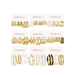 30 Pairs Gold Earrings Set for Women, Fashion Pearl Chain Link Stud Drop Dangle Earrings Multipack Hoop Earring Packs, Hypoallergenic Earrings for Birthday Party Jewelry