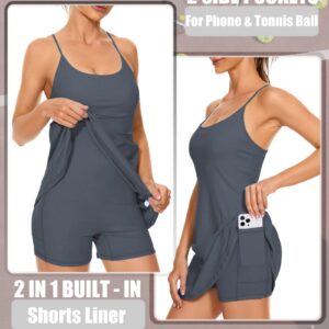 POWERASIA Women’s Tennis Dress Exercise Dress with Built-in Bra & Shorts Workout Golf Athletic Sleeveless Dress with Pockets Dark Grey