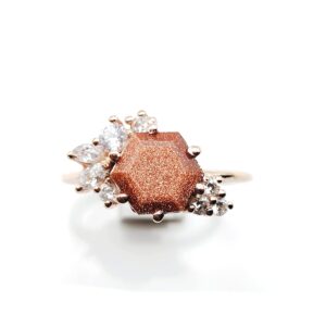 hexagon cut unique sandstone ring hexagon cut cluster promise ring rose gold plated ring goldstone ring beautiful wedding gift ring by forever gems & jewels