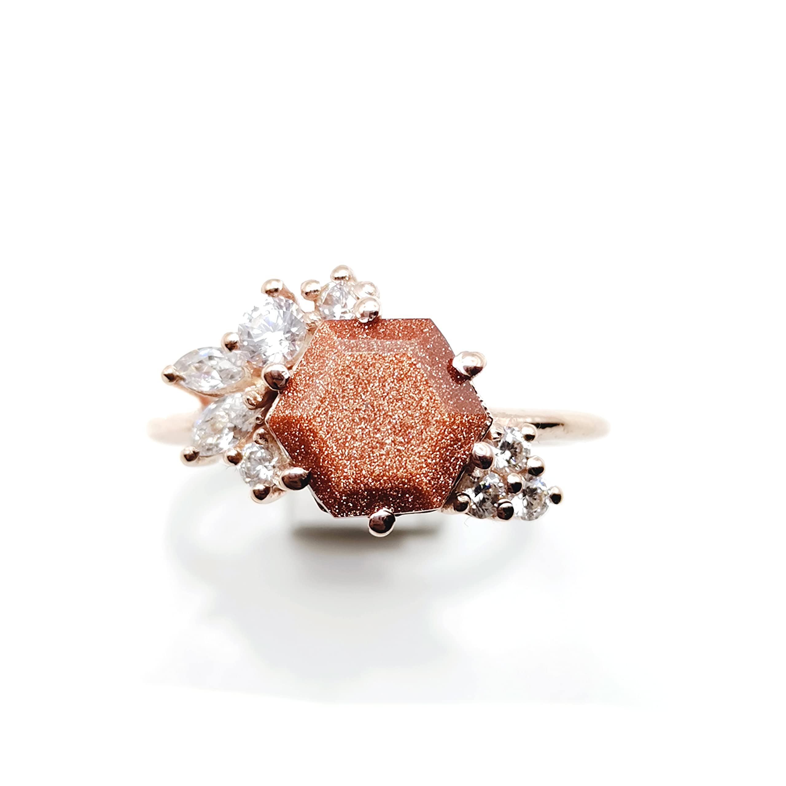 Hexagon Cut Unique Sandstone Ring Hexagon Cut Cluster Promise Ring Rose Gold Plated Ring Goldstone Ring Beautiful Wedding Gift Ring BY FOREVER GEMS & JEWELS