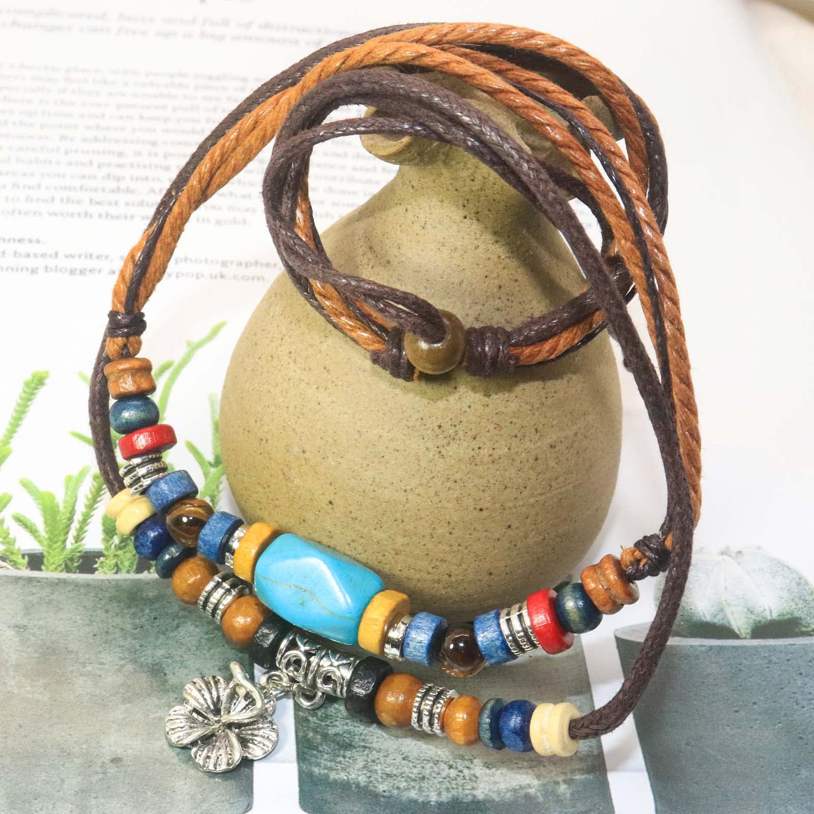 HETICA Boho Necklace Woman Tribal Layered Necklace Retro Boho Style Turquoise Necklace Braided Necklace for Woman Retro Fashion Adjustable Hemp Cords Wood Beads Beaded Choker Necklace