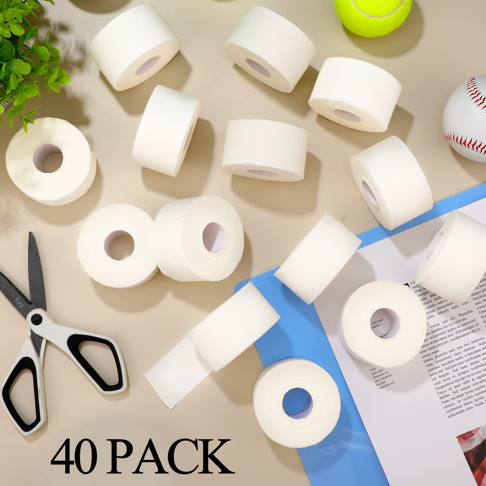 BBTO 40 Rolls Athletic Sport Tape 1.5 Inches x 15 Yards Athletic Bandage Tape Cotton Medical Sports Tape for Athletes Trainers Ankles Wrists Hands and Knees(White)