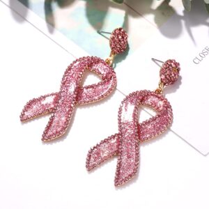 Glitter Rhinestone Pink Ribbon Drop Earrings Beaded Breast Cancer Awareness Earrings Jewelry for Women Breast Cancer Survivor Support Jewelry Gifts (Glitter rosy)