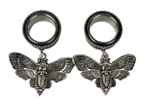 pair of 316l steel screw on tunnels with death moth dangle (ps-294) (1/2" (12mm))