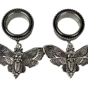 Pair of 316L Steel Screw on Tunnels with Death Moth Dangle (PS-294) (1/2" (12mm))