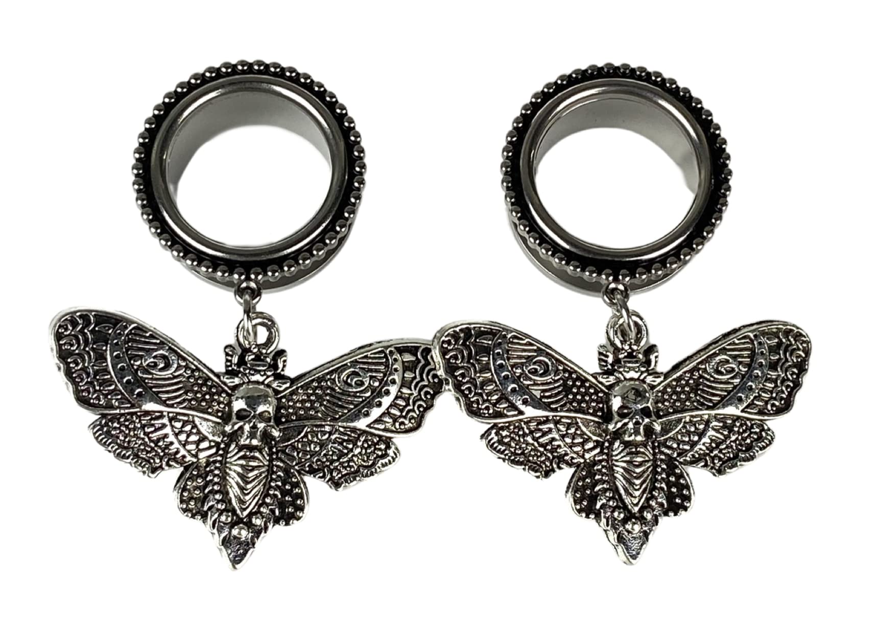 Pair of 316L Steel Screw on Tunnels with Death Moth Dangle (PS-294) (1/2" (12mm))