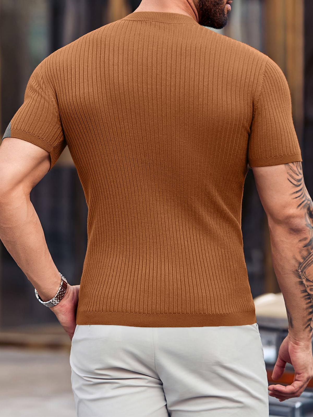 Mens Casual Slim Fit Basic Tops Short Sleeve Shirt Turtleneck T Shirts Rib Knitted Stretch Pullover Sweater