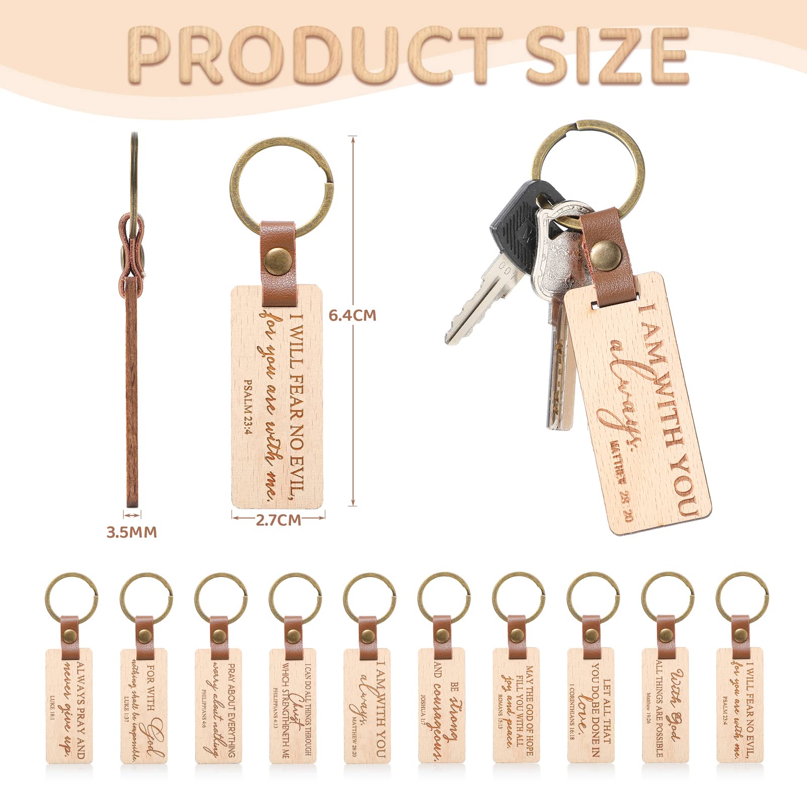 Fumete 10 Pieces Wood Bible Keychain Wooden Religious Keyrings PU Leather Christian Keychain Bible Verse Keychain Christian Quote Keychains for Women Men Sunday School Teacher Appreciation Day