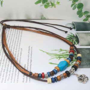 HETICA Boho Necklace Woman Tribal Layered Necklace Retro Boho Style Turquoise Necklace Braided Necklace for Woman Retro Fashion Adjustable Hemp Cords Wood Beads Beaded Choker Necklace