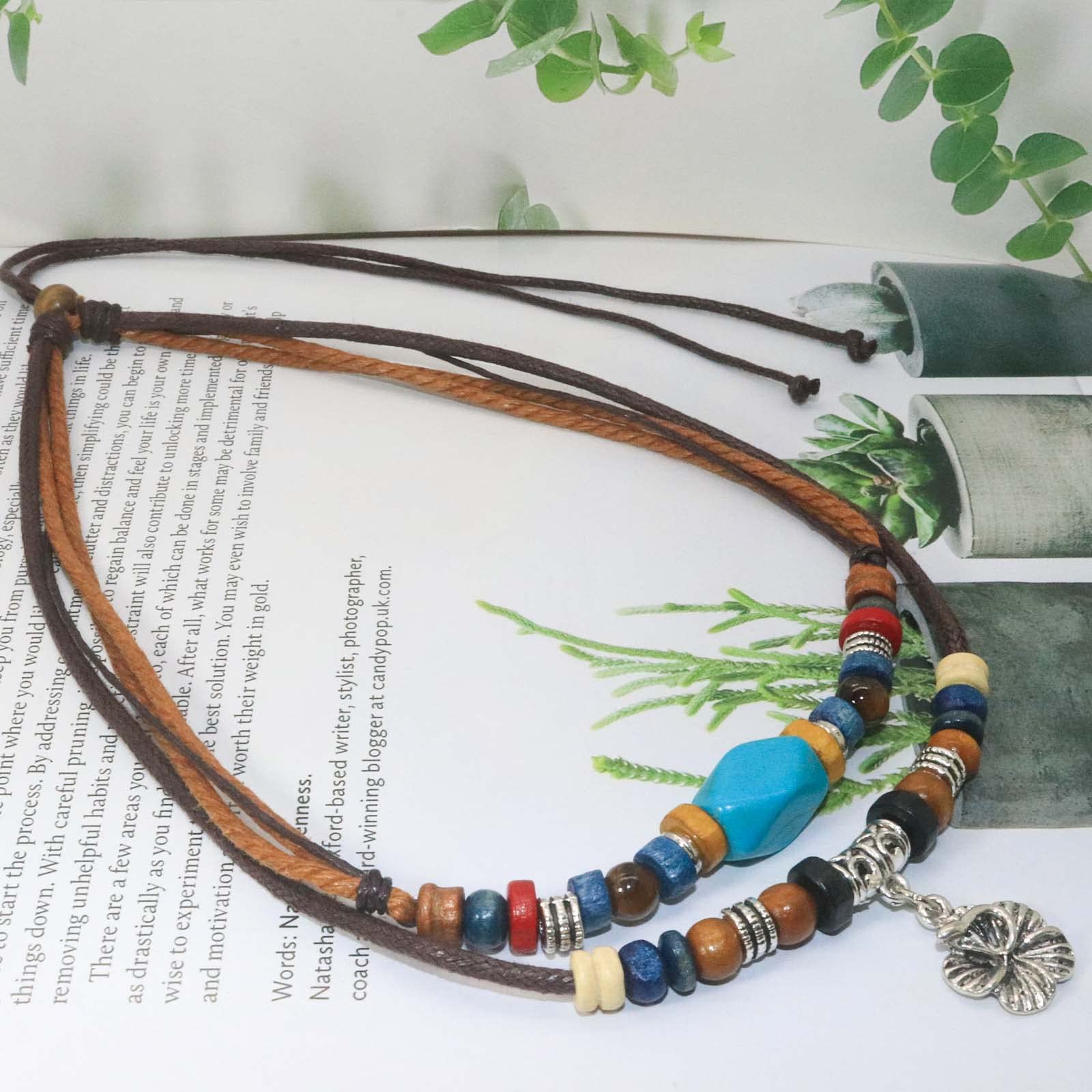 HETICA Boho Necklace Woman Tribal Layered Necklace Retro Boho Style Turquoise Necklace Braided Necklace for Woman Retro Fashion Adjustable Hemp Cords Wood Beads Beaded Choker Necklace