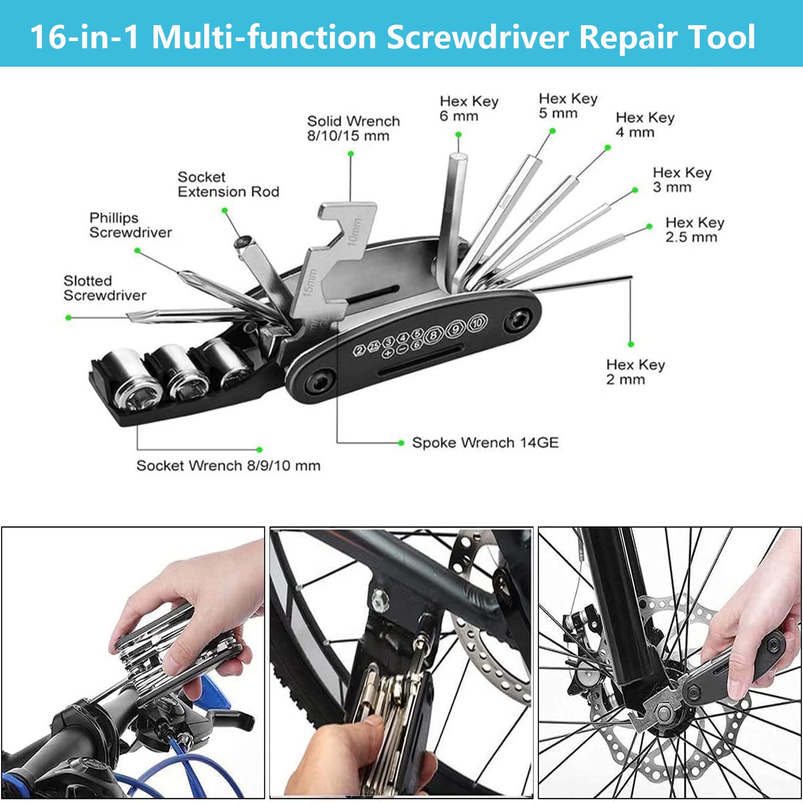 AaiLucky Bike Repair Tool Kit with Mini Bicycle Pump, Bicycle Saddle Bag with Tail Light, 16-in-1 Bike Multitool, Bicycle Tire Repair Kit for Road MTB Bikes, Large Capacity Bike Set Pack Bag