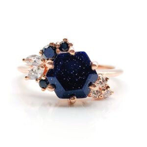 rings for women hexagon blue sandstone ring unique blue sandstone 14k rose gold cluster marquise moissanite diamond ring beautiful gift wedding ring by forever gems & jewels