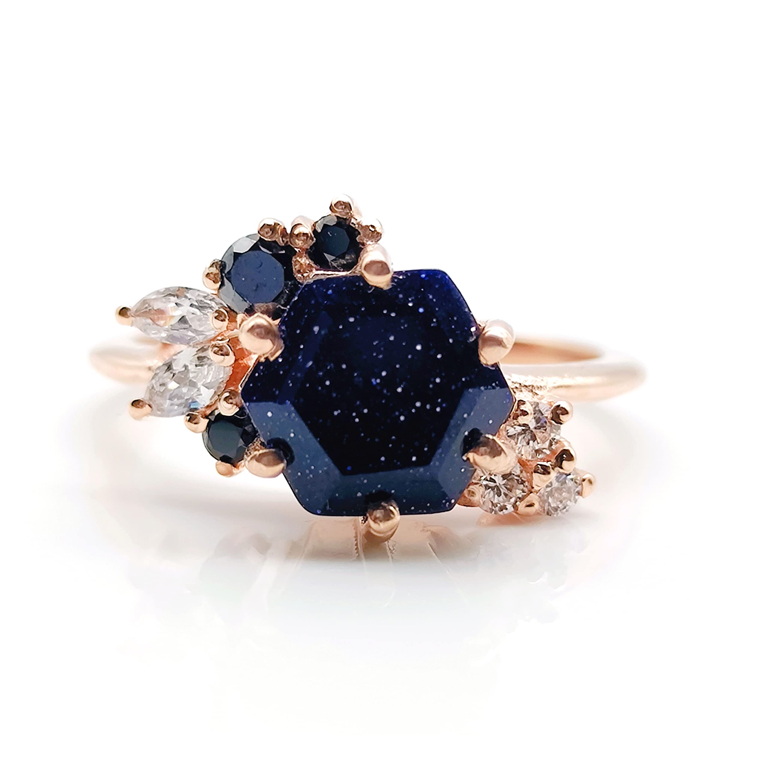 Rings For Women Hexagon Blue Sandstone Ring Unique Blue Sandstone 14K Rose Gold Cluster Marquise Moissanite Diamond Ring Beautiful Gift Wedding Ring BY FOREVER GEMS & JEWELS