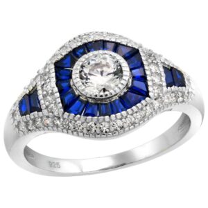 sterling silver art deco ring round cz 5mm synthetic baguette blue sapphires 1/2 inch wide size 9