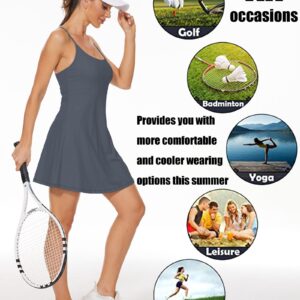 POWERASIA Women’s Tennis Dress Exercise Dress with Built-in Bra & Shorts Workout Golf Athletic Sleeveless Dress with Pockets Dark Grey