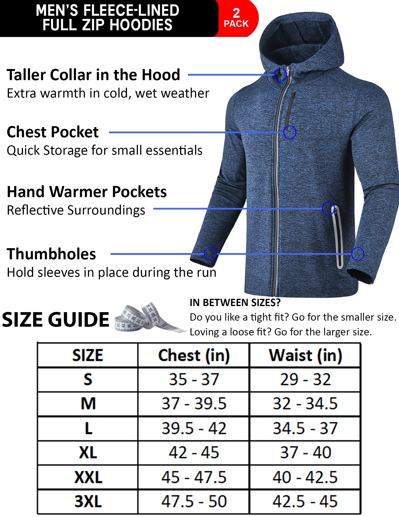 Liberty Imports 2 Pack Mens Zip Up Hoodies, Fleece Thermal Tech Jackets, Lightweight Running Sweatshirts with Zipper Pockets(Set 2, Medium)