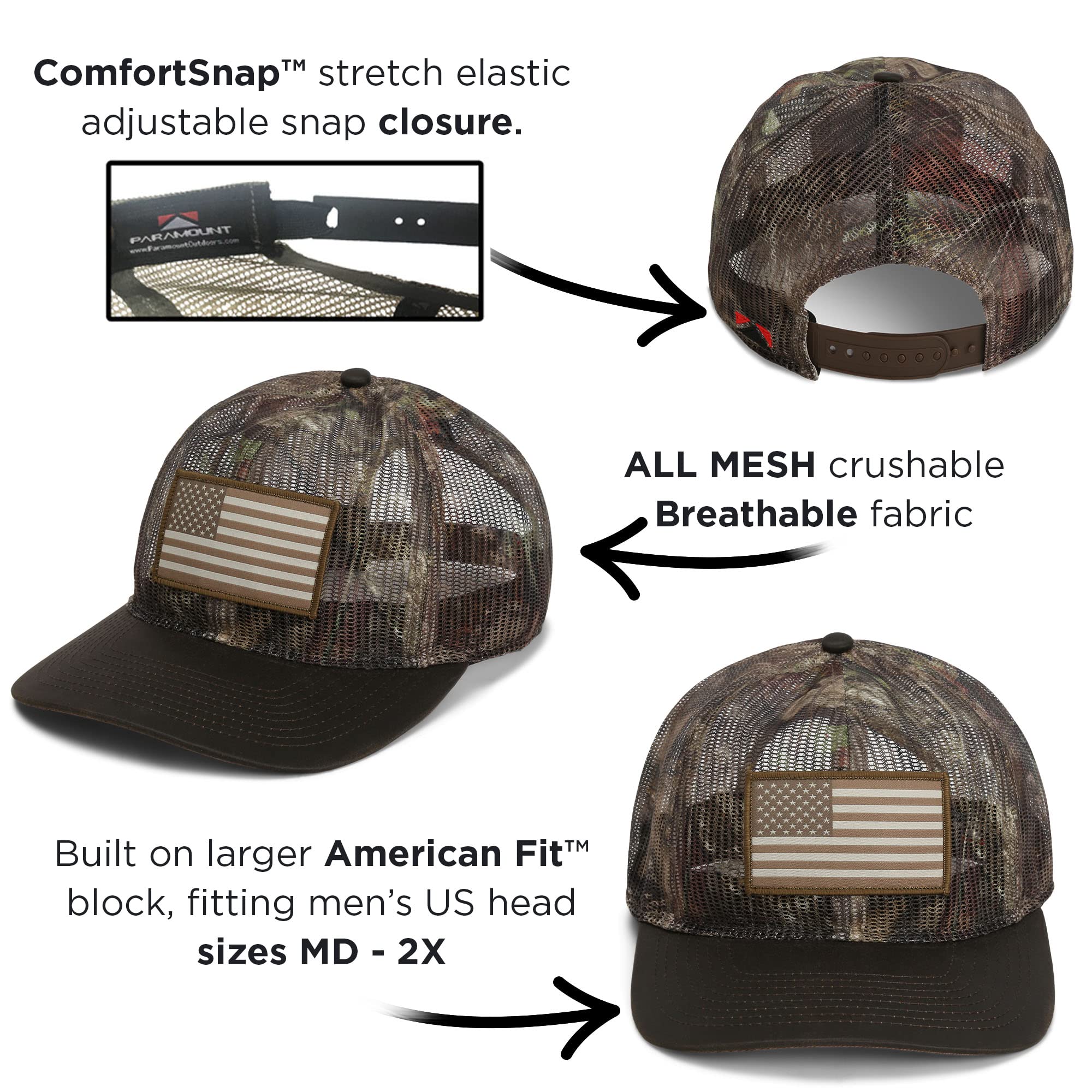 Paramount Outdoors All Mesh Breeze American Flag Cap, Crushable All Mesh, Trucker Hat Rope Cap (Country Wax Visor)