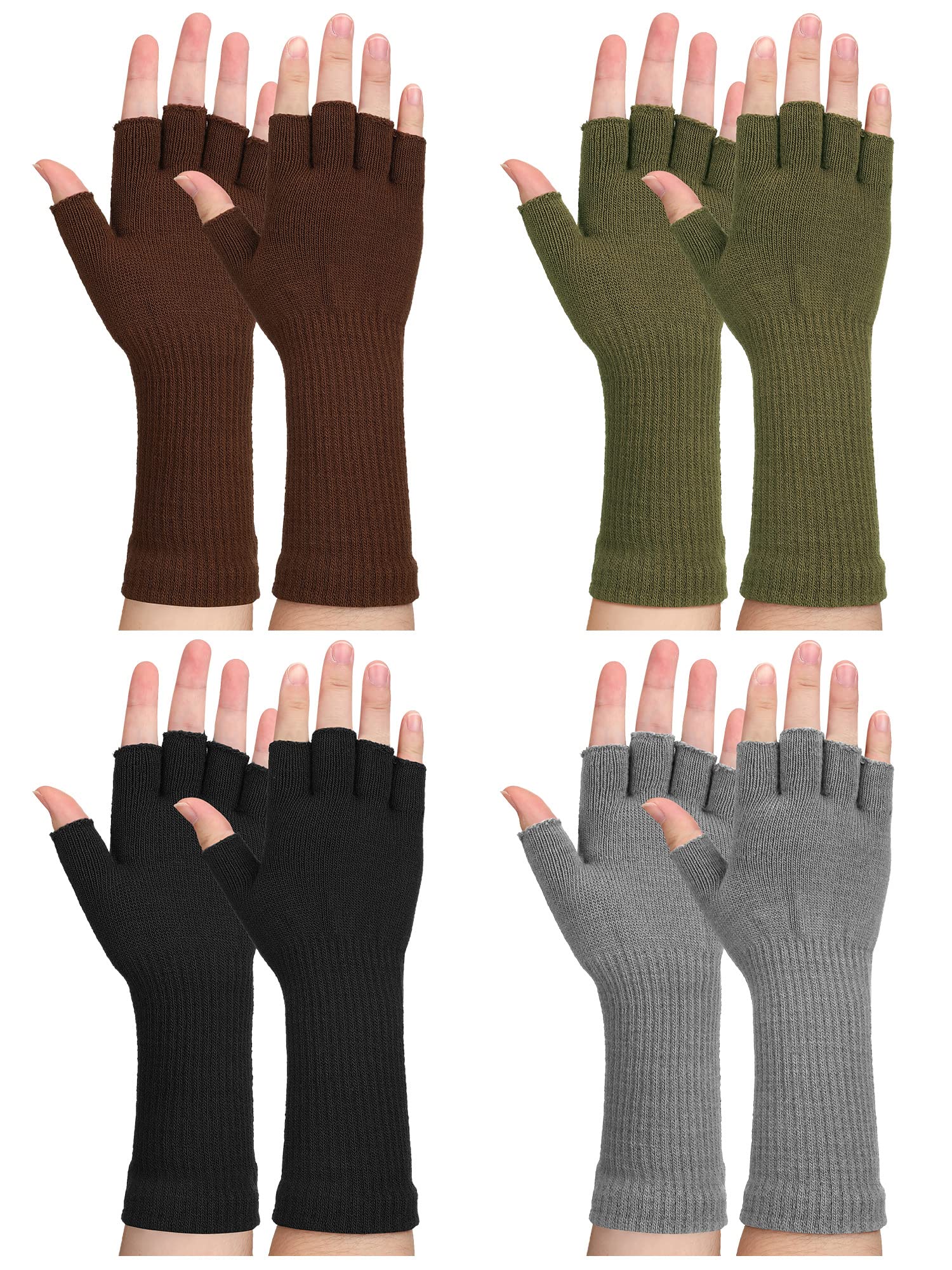 Eurzom 4 Pairs Winter Fingerless Gloves for Men Women Knit Long Cuff Stretchy Typing Gloves Warm Half Finger Gloves for Driving Working Office