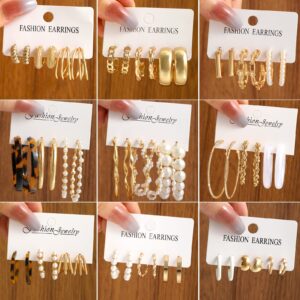 30 Pairs Gold Earrings Set for Women, Fashion Pearl Chain Link Stud Drop Dangle Earrings Multipack Hoop Earring Packs, Hypoallergenic Earrings for Birthday Party Jewelry