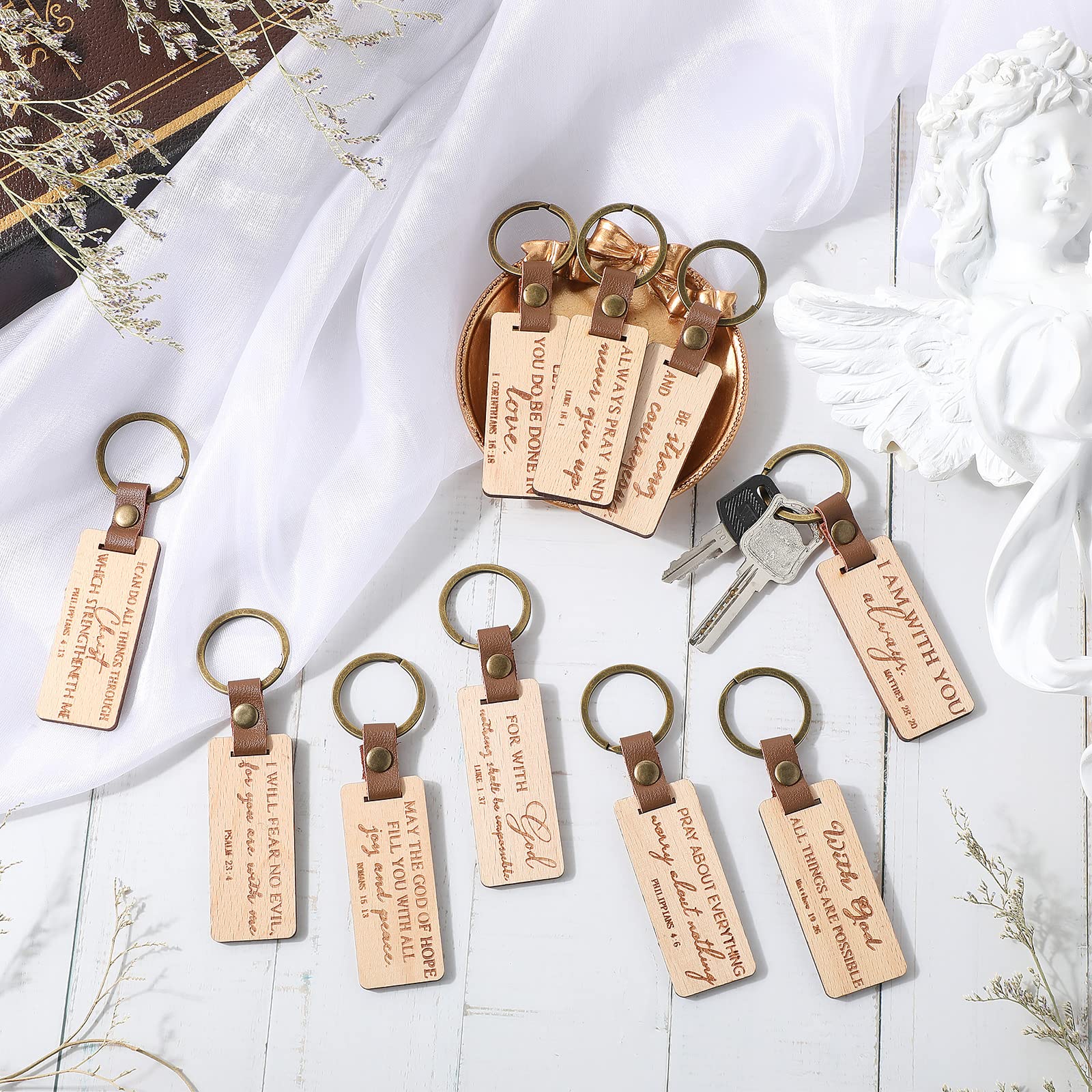 Fumete 10 Pieces Wood Bible Keychain Wooden Religious Keyrings PU Leather Christian Keychain Bible Verse Keychain Christian Quote Keychains for Women Men Sunday School Teacher Appreciation Day