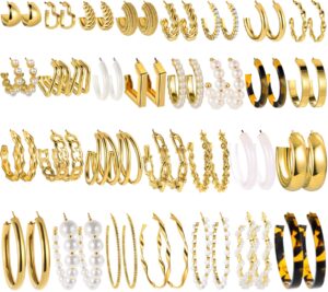 30 pairs gold earrings set for women, fashion pearl chain link stud drop dangle earrings multipack hoop earring packs, hypoallergenic earrings for birthday party jewelry