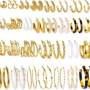 30 Pairs Gold Earrings Set for Women, Fashion Pearl Chain Link Stud Drop Dangle Earrings Multipack Hoop Earring Packs, Hypoallergenic Earrings for Birthday Party Jewelry