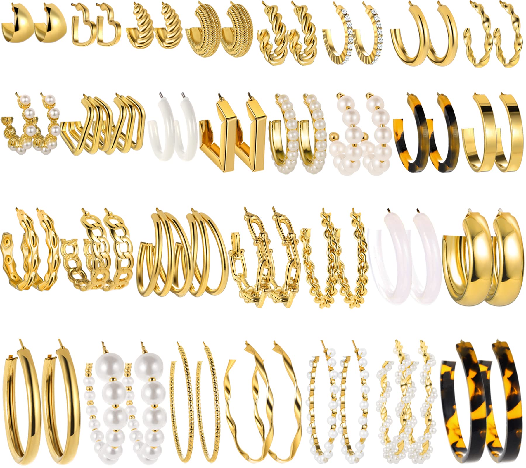 30 Pairs Gold Earrings Set for Women, Fashion Pearl Chain Link Stud Drop Dangle Earrings Multipack Hoop Earring Packs, Hypoallergenic Earrings for Birthday Party Jewelry