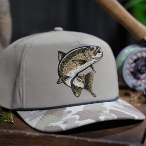 Paramount Outdoors Brown Trout Hat 5-Panel Throwback Fly Fishing Trucker hat with Quick Dry Fabric and Stretch Comfort Snapback