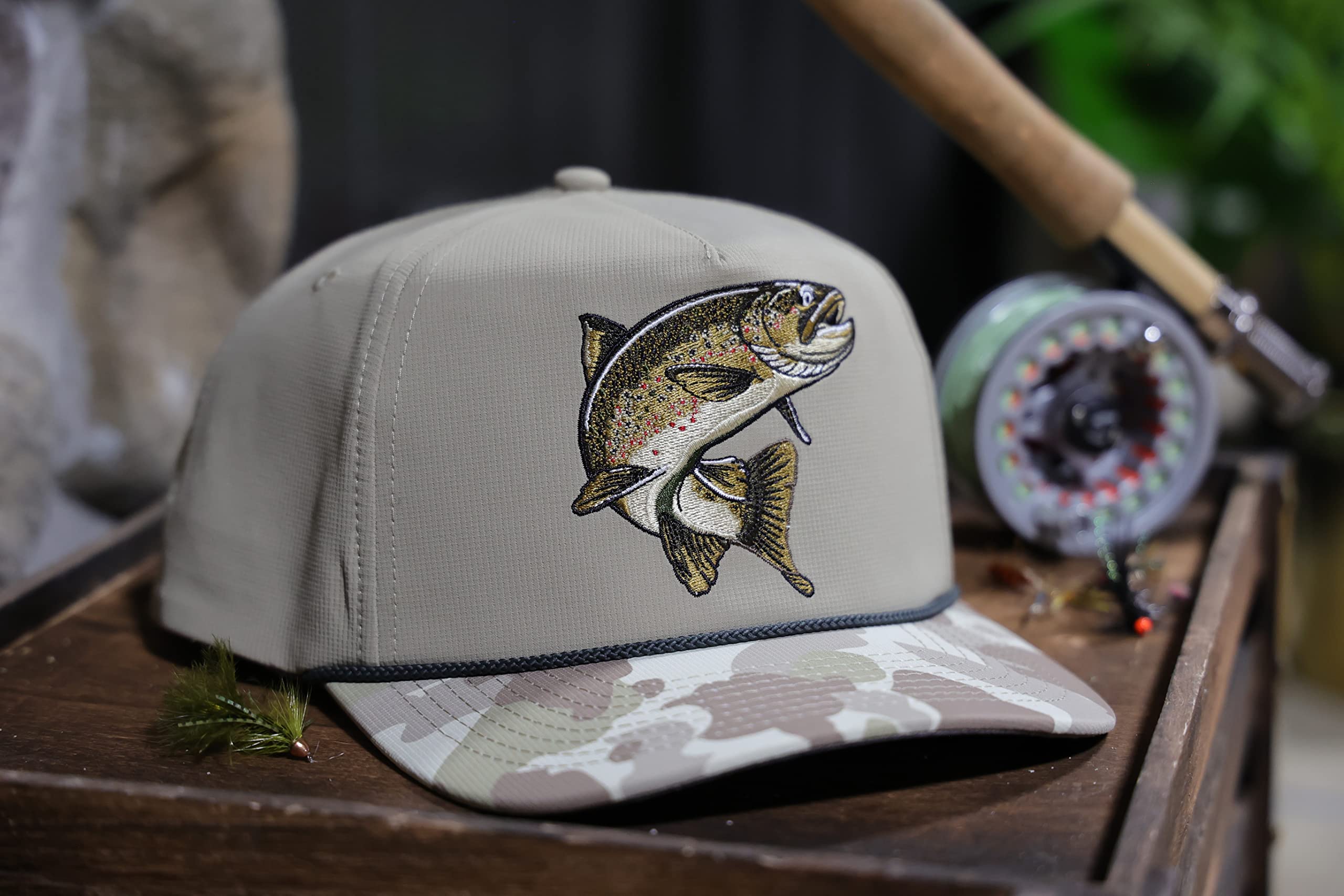 Paramount Outdoors Brown Trout Hat 5-Panel Throwback Fly Fishing Trucker hat with Quick Dry Fabric and Stretch Comfort Snapback