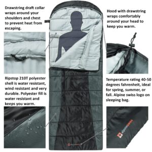 Alpine Swiss 0°C (32°F) Sleeping Bag Lightweight Waterproof with Compression Sack Adults All Seasons Camping Hiking Backpacking Travel Outdoor Indoor Black Gray