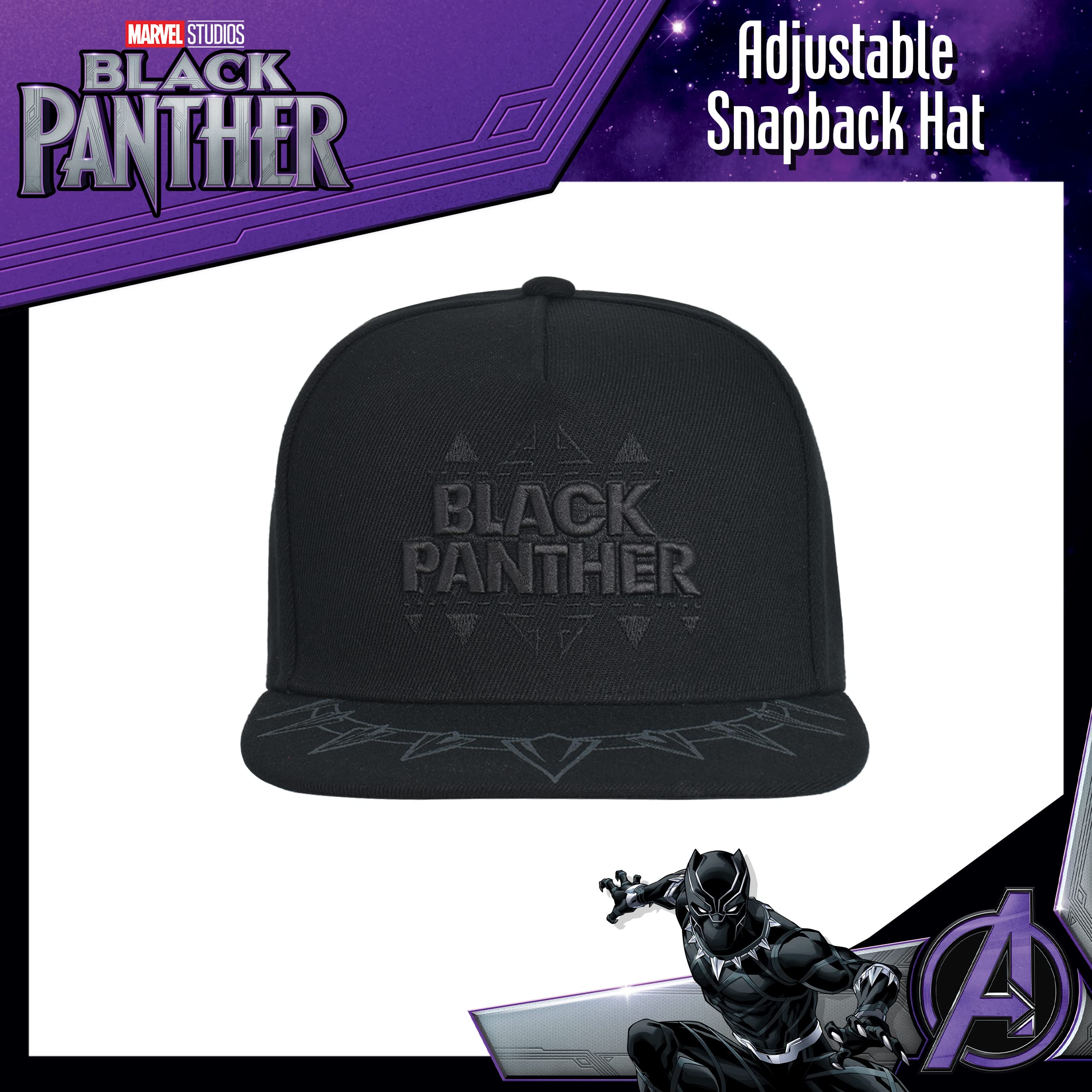 Marvel Black Panther Baseball Cap, Claw Necklace Snapback Flat Brim Hat, Black, One Size