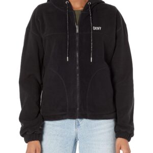 DKNY Women's Sport Cropped Full Zip Polar Fleece Jacket, Black/Silver, Medium