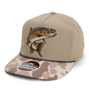 paramount outdoors brown trout hat 5-panel throwback fly fishing trucker hat with quick dry fabric and stretch comfort snapback