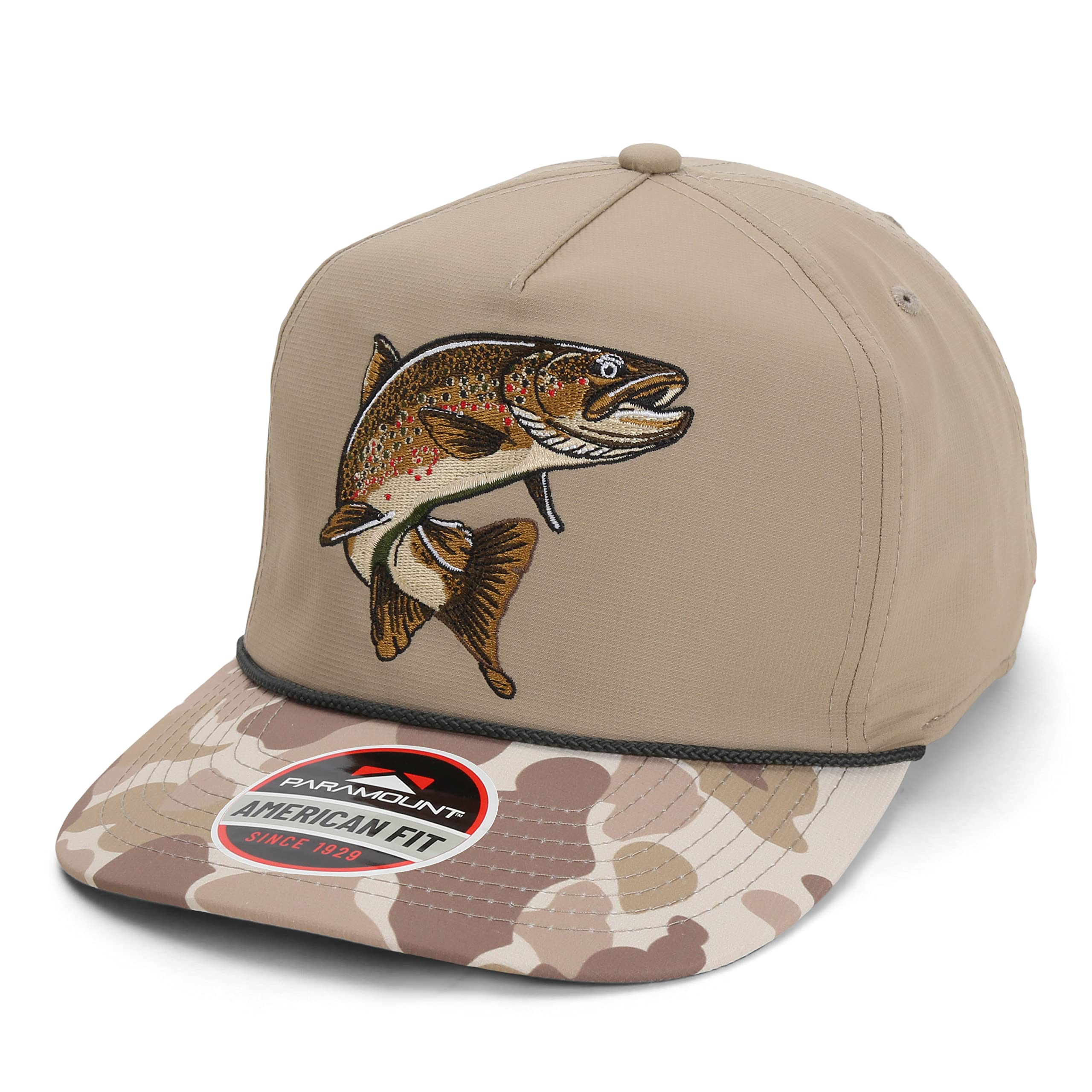 Paramount Outdoors Brown Trout Hat 5-Panel Throwback Fly Fishing Trucker hat with Quick Dry Fabric and Stretch Comfort Snapback