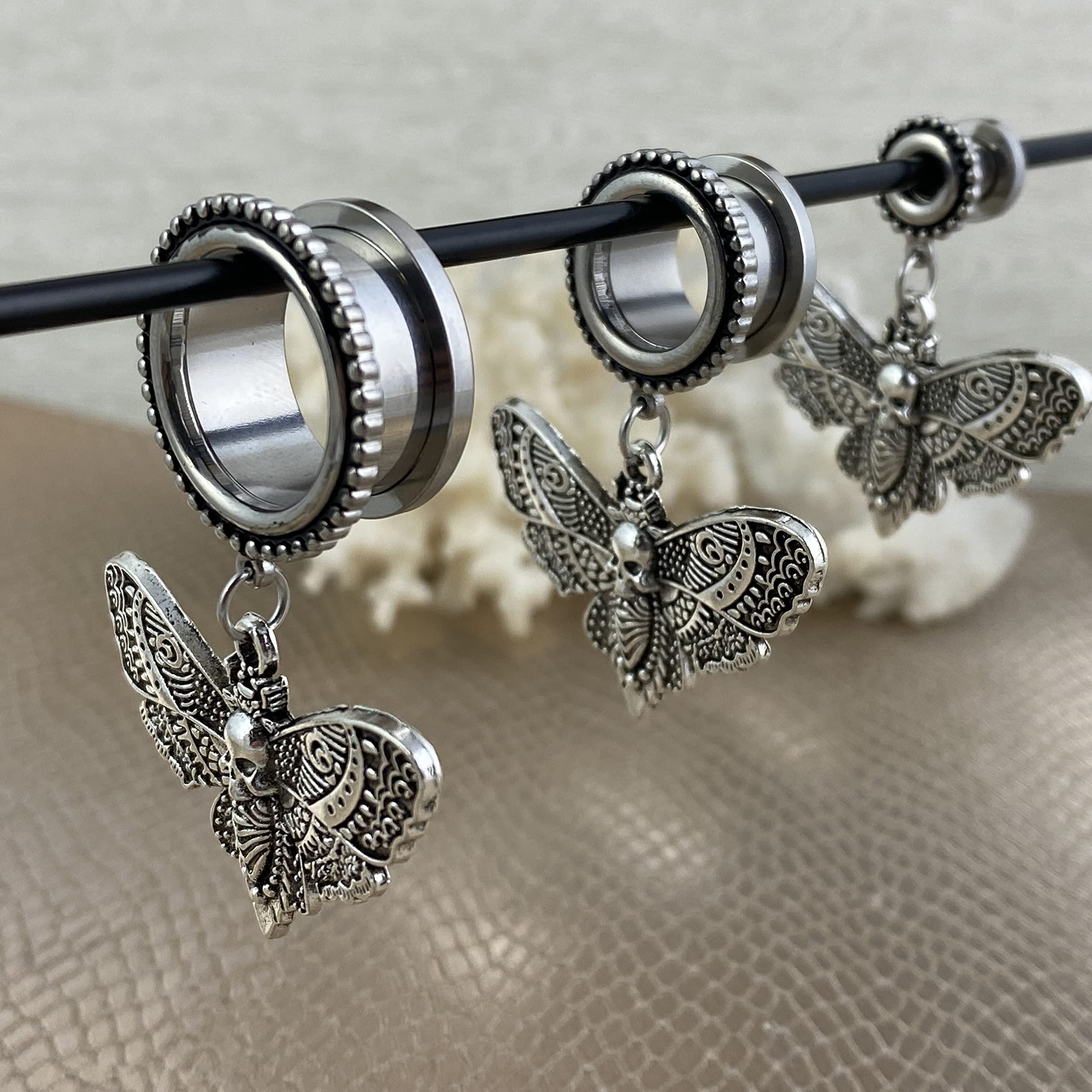 Pair of 316L Steel Screw on Tunnels with Death Moth Dangle (PS-294) (1/2" (12mm))