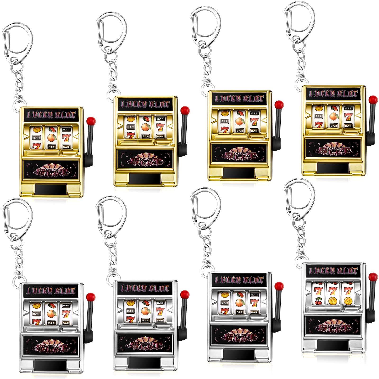 Panelee 8 Pcs Slot Machine Keychain Mini Casino Key Chains Kawaii Keychain for Christmas Las Vegas Party Gifts (Gold,Silver)