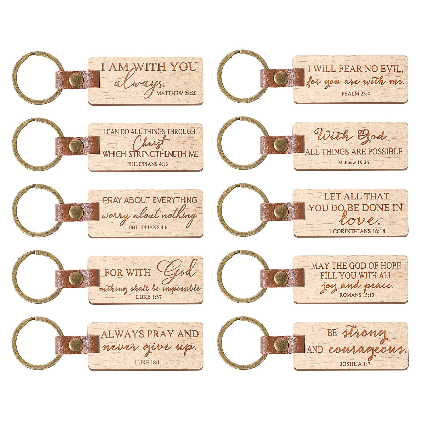 Fumete 10 Pieces Wood Bible Keychain Wooden Religious Keyrings PU Leather Christian Keychain Bible Verse Keychain Christian Quote Keychains for Women Men Sunday School Teacher Appreciation Day