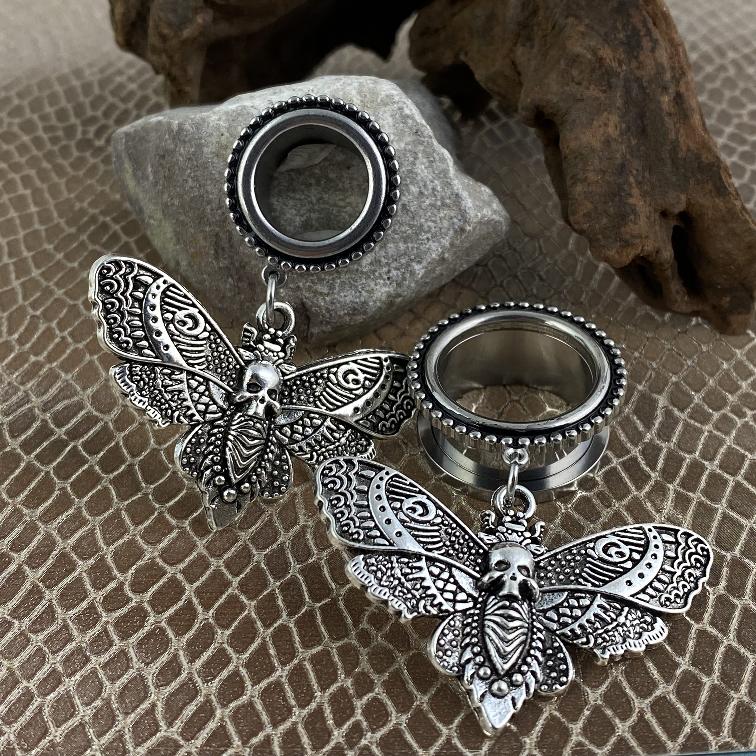 Pair of 316L Steel Screw on Tunnels with Death Moth Dangle (PS-294) (1/2" (12mm))